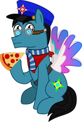 Size: 1720x2550 | Tagged: safe, artist:sketchmcreations, derpibooru exclusive, derpibooru import, oc, oc only, oc:sketch mythos, earth pony, pony, 2023 community collab, clothes, derpibooru community collaboration, eating, fake wings, food, frown, goggles, hat, hoof hold, implied zipp storm, male, meat, neckerchief, pizza, ponies eating meat, postman's hat, scarf, simple background, sitting, stallion, transparent background, vector