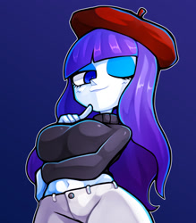 Size: 1350x1543 | Tagged: safe, artist:kyouman1010, derpibooru import, rarity, human, equestria girls, beatnik rarity, beret, breasts, clothes, hat, makeup, midriff, one eye closed, simple background, smiling, solo, sweater, wink