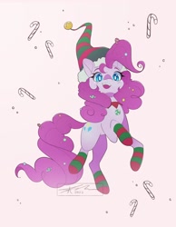 Size: 1592x2048 | Tagged: safe, artist:mindlessnik, derpibooru import, pinkie pie, earth pony, pony, bell, candy, candy cane, christmas, clothes, female, food, hat, holiday, mare, open mouth, open smile, simple background, smiling, socks, solo, striped socks, white background