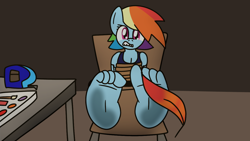 Size: 1280x720 | Tagged: safe, artist:erikschroth, derpibooru import, rainbow dash, anthro, plantigrade anthro, barefoot, bondage, chair, feather, feet, fetish, foot fetish, foot focus, soles, story included, table, tickle fetish, tickle torture, tickling, tied to chair, tied up, toes