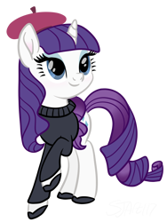 Size: 3072x4096 | Tagged: safe, artist:sjart117, derpibooru import, rarity, unicorn, beatnik rarity, beret, clothes, female, hat, horn, mare, movie accurate, shoes, simple background, smiling, solo, sweater, transparent background, turtleneck
