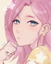 Size: 1080x1351 | Tagged: safe, artist:iiza0_0, derpibooru import, fluttershy, human, ear piercing, earring, female, humanized, jewelry, looking at you, piercing, solo, stars