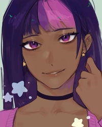 Size: 1080x1351 | Tagged: safe, artist:iiza0_0, derpibooru import, twilight sparkle, human, dark skin, ear piercing, earring, female, humanized, jewelry, piercing, solo, stars