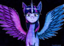 Size: 680x492 | Tagged: safe, derpibooru import, twilight sparkle, twilight sparkle (alicorn), alicorn, black background, simple background, solo, spread wings, wings