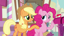 Size: 1280x720 | Tagged: safe, derpibooru import, screencap, applejack, pinkie pie, pony, wonderbolts academy, applejack's hat, clothes, cowboy hat, hat, mailbox, shoulder touch