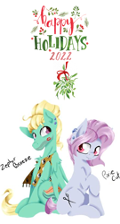 Size: 1114x2064 | Tagged: safe, artist:alazak, derpibooru import, edit, zephyr breeze, earth pony, pegasus, 2022, christmas, december, duo, female, friendship, happy holidays, hearth's warming, holiday, kiss mark, lipstick, looking at each other, looking at someone, lyrics in the description, male, mare, mistletoe, pixie cut (idw), pixiebreeze, song reference, stallion, youtube link in the description, zephyrcut
