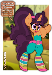 Size: 2800x4000 | Tagged: safe, artist:snakeythingy, derpibooru import, saffron masala, pony, unicorn, barbie, bipedal, clothes, cosplay, costume, crossover, dialogue, exercise, fitness, open mouth, open smile, ponytail, smiling, speech bubble, sweat, toy story, workout outfit