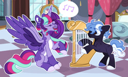 Size: 1280x769 | Tagged: safe, artist:twilightpriincess, derpibooru import, oc, oc:andromeda, oc:orpheus, alicorn, earth pony, pony, female, harp, magical lesbian spawn, male, mare, musical instrument, offspring, pale belly, parent:starlight glimmer, parent:twilight sparkle, parents:twistarlight, slim, stallion