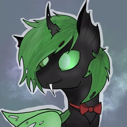 Size: 2048x2048 | Tagged: safe, artist:thezeranova, derpibooru import, oc, oc only, changeling, unicorn, abstract background, bowtie, bust, changeling oc, green changeling, green eyes, green hair, happy, horn, portrait, sharp teeth, smiling, teeth