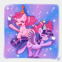 Size: 1280x1280 | Tagged: safe, artist:galaxy swirl, derpibooru import, pinkie pie, twilight sparkle, twilight sparkle (alicorn), alicorn, earth pony, pony, cute, diapinkes, duo, duo female, female, happy, hat, hoof hold, mare, open mouth, open smile, party hat, raised hoof, raised leg, smiling, sparkler (firework), twiabetes, unshorn fetlocks