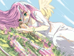 Size: 2160x1620 | Tagged: safe, artist:lendftcn, derpibooru import, fluttershy, human, clothes, dress, flower, grass, humanized, lying down, solo, spread wings, winged humanization, wings