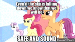 Size: 320x179 | Tagged: safe, edit, edited screencap, editor:undeadponysoldier, screencap, apple bloom, scootaloo, sweetie belle, earth pony, pegasus, pony, unicorn, flight to the finish, animated, capital cities, cutie mark crusaders, edited gif, female, filly, foal, hearts as strong as horses, marching, safe and sound, singing, song reference