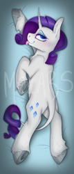 Size: 3000x7000 | Tagged: safe, artist:molars, derpibooru import, rarity, classical unicorn, pony, unicorn, g4, :p, bedroom eyes, body pillow, body pillow design, butt, curved horn, dakimakura cover, drool, fabric crease, horn, leonine tail, plot, purple mane, solo, tail, tongue, tongue out, underhoof, unshorn fetlocks, watermark, white fur