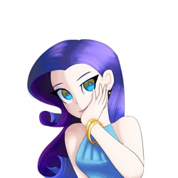 Size: 1200x1200 | Tagged: safe, artist:andromedasparkz, derpibooru import, rarity, human, bare shoulders, female, hand on face, humanized, looking at you, simple background, sleeveless, solo, white background