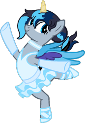 Size: 510x739 | Tagged: safe, artist:princessyanderequinn, derpibooru import, oc, oc only, oc:sapphire la elpis flare, alicorn, alicorn oc, alternate hairstyle, arabesque, ballerina, ballet, ballet bun, ballet pose, ballet slippers, choker, clothes, gloves, horn, on one leg, one arm up, simple background, solo, transparent background, tutu, tututiful, wings