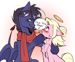 Size: 2293x1910 | Tagged: safe, artist:pledus, derpibooru import, oc, oc only, oc:fenris ebonyglow, oc:kara waypoint, angel, earth pony, pegasus, pony, blushing, chest fluff, clothes, devil, devil horns, ears back, female, halo, horns, jewelry, looking at each other, looking at someone, male, neck fluff, necklace, oc x oc, pendant, scarf, shipping, simple background, straight, wlim