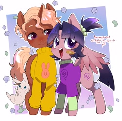 Size: 2828x2792 | Tagged: safe, artist:potetecyu_to, derpibooru import, oc, oc only, pegasus, pony, rabbit, unicorn, animal, bandaid, clothes, commission, duo, female, male, mare, open mouth, open smile, passepartout, smiling, stallion, sweater