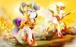 Size: 4000x2480 | Tagged: safe, artist:dormin-dim, derpibooru import, daybreaker, oc, oc:hazel radiate, alicorn, pony, unicorn, bow, commission, commissioner:biohazard, daybreaker armor, detailed background, duo, duo female, female, fire, highlights, horn, jewelry, mare, peytral, ponytail, purple eyes, regalia, spread wings, sun, tail, tail bow, unicorn oc, wings, ych result
