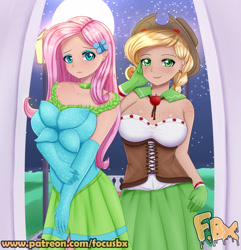 Size: 3307x3425 | Tagged: safe, artist:focusb, derpibooru import, applejack, fluttershy, human, the best night ever, clothes, dress, duo, gala dress, high res, humanized, looking at you, patreon, watermark