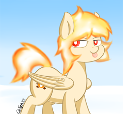 Size: 3316x3082 | Tagged: safe, artist:cdrspark, derpibooru import, oc, oc only, oc:hcl, pegasus, :p, female, mane of fire, pegasus oc, snow, solo, tongue, tongue out