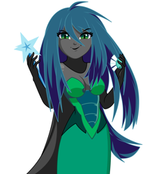 Size: 1234x1394 | Tagged: safe, artist:rosemile mulberry, derpibooru import, queen chrysalis, human, equestria girls, absolute cleavage, breasts, cleavage, clothes, cutie mark, dress, equestria girls-ified, evil grin, eyeshadow, female, gloves, grin, implied sunburst, implied trixie, long gloves, long hair, makeup, simple background, smiling, solo, sunburst's cutie mark, trixie's cutie mark, wand, white background