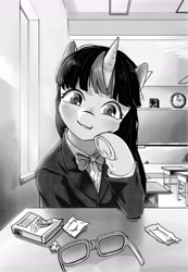 Size: 3335x4816 | Tagged: safe, artist:ph平和, derpibooru import, twilight sparkle, pony, unicorn, black and white, chalkboard, chewing gum, classroom, clothes, food, glasses, grayscale, gum, looking at you, manga, manga style, monochrome, school uniform, smiling, smiling at you, uniform, window