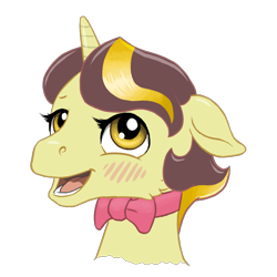 Size: 2048x2048 | Tagged: safe, artist:multiverseequine, derpibooru exclusive, derpibooru import, oc, oc only, oc:golden trim, pony, unicorn, blushing, bowtie, bust, cute, golden eyes, horn, male, multicolored hair, open mouth, pink bow, redraw, simple background, solo, stallion, transparent background