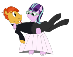 Size: 931x726 | Tagged: safe, alternate version, anonymous artist, derpibooru exclusive, derpibooru import, starlight glimmer, sunburst, pony, unicorn, bridal carry, carrying, clothes, dress, female, glasses, male, mare, married couple, shipping, simple background, stallion, starburst, straight, suit, transparent background, wedding dress