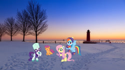 Size: 2048x1152 | Tagged: safe, artist:cloudyglow, artist:jhayarr23, derpibooru import, fluttershy, rainbow dash, rarity, scootaloo, pegasus, pony, unicorn, boots, clothes, earmuffs, female, filly, foal, hat, irl, lighthouse, mare, milwaukee, mittens, photo, ponies in real life, scarf, shoes, snow, story included, sunglasses, sweater, ushanka, winter, wisconsin