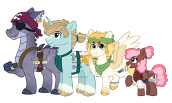 Size: 5000x3000 | Tagged: safe, artist:pink-pone, derpibooru import, oc, oc only, oc:bruce ironjaw, oc:peppermint patty, oc:sandy skye, oc:silver spanner, dracony, dragon, hybrid, pegasus, pony, unicorn, clothes, colored wings, compass, ear piercing, eyepatch, female, male, map, mare, piercing, simple background, stallion, transparent background, two toned wings, wings