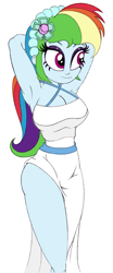 Size: 800x1920 | Tagged: safe, alternate version, artist:roseluck, derpibooru exclusive, derpibooru import, rainbow dash, human, equestria girls, alternate hairstyle, arm behind head, bare shoulders, big breasts, breasts, bridesmaid, bridesmaid dress, cleavage, clothes, colored sketch, curvy, dress, eyeshadow, female, headband, hourglass figure, makeup, pencil drawing, rainboob dash, sash, side slit, simple background, sleeveless, sleeveless dress, smiling, solo, three quarter view, traditional art, walking, white background, white dress, wide hips