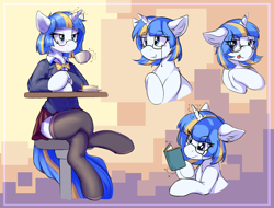 Size: 2048x1556 | Tagged: safe, artist:ravistdash, derpibooru import, oc, oc:diviina, unicorn, blue eyes, book, cup, female, glasses, sitting, teacup