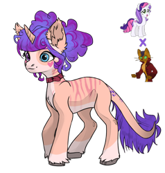 Size: 1028x1080 | Tagged: safe, artist:crumbelinadicarmello, derpibooru import, capper dapperpaws, sweetie belle, sweetie belle (g3), oc, cat, cat pony, original species, pony, unicorn, avatar maker fantasy pony, body markings, coat markings, curly hair, curly mane, facial markings, female, fusion, hair bun, leonine tail, mare, simple background, socks (coat marking), solo, stripes, tail, transparent background