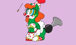 Size: 1280x768 | Tagged: safe, artist:dashingjack, derpibooru import, oc, oc only, oc:frost d. tart, pony, clown, clown nose, crossdressing, hypno eyes, hypnosis, hypnotized, makeup, male, pendulum swing, red nose, solo, stallion, wig