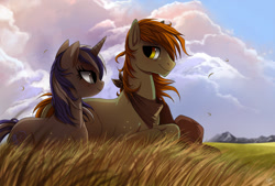 Size: 1063x718 | Tagged: dead source, safe, artist:ruhje, derpibooru import, oc, oc only, earth pony, pony, unicorn, 2012, cloud, duo, female, looking at each other, looking at someone, male, mare, old art, scenery, stallion