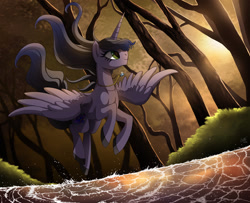 Size: 1051x854 | Tagged: dead source, safe, artist:ruhje, derpibooru import, oc, oc only, oc:aurora, alicorn, pony, 2013, alicorn oc, color porn, colored hooves, female, flying, horn, jewelry, mare, necklace, smiling, solo, spread wings, tree, water, windswept mane, wings