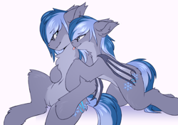 Size: 2700x1900 | Tagged: safe, artist:snowstormbat, derpibooru import, oc, oc:midnight snowstorm, bat pony, belly, belly button, cheek fluff, chest fluff, duo, ear fluff, ears, female, floppy ears, fluffy, glasses, hug, leg fluff, looking at each other, looking at someone, male, mare, pale belly, rule 63, self paradox, self ponidox, selfcest, shipping, simple background, sitting, stallion