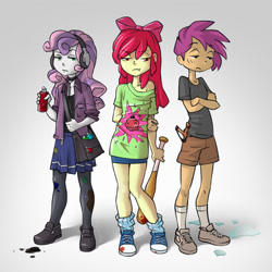 Size: 1200x1200 | Tagged: safe, artist:vyazinrei, derpibooru import, apple bloom, scootaloo, sweetie belle, human, equestria girls, bag, baseball bat, choker, clothes, converse, crossed arms, cutie mark crusaders, female, group, headphones, paint can, punk, shirt, shoes, shorts, shoulder bag, simple background, skirt, slingshot, spray can, trio, trio female, white background