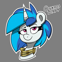 Size: 811x811 | Tagged: safe, artist:la hum, derpibooru import, dj pon-3, vinyl scratch, oc, oc:rusty gears, unicorn, clothes, cyrillic, female, mare, russian, scarf, striped scarf