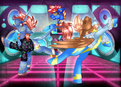 Size: 2800x2000 | Tagged: safe, artist:chvrchgrim, derpibooru import, oc, oc:radio, oc:seismic, oc:tenpin, earth pony, pegasus, pony, unicorn, augmented, clothes, club, coat, cyberpunk, dance floor, dancing, detailed background, dj booth, eyes closed, group, lights, rave, shirt, smiling, speaker, uniform, unshorn fetlocks, visor, wings, wonderbolts uniform