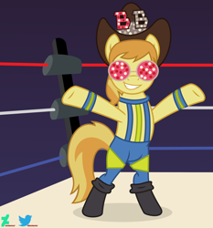 Size: 2500x2684 | Tagged: safe, artist:kuren247, derpibooru import, braeburn, earth pony, pony, arms wide open, bipedal, clothes, cowboy hat, crossover, glasses, hat, jeff jarrett, male, show accurate, smiling, solo, sports, stallion, tights, wrestling, wrestling ring, wwe