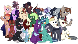 Size: 5905x3346 | Tagged: safe, artist:those kids in the corner, derpibooru import, oc, oc:axis, oc:black lake, oc:chaos bringer, oc:daewon, oc:dried petals, oc:evergreen, oc:highland horizon, oc:ki kanmuri, oc:midsummer sonata, oc:roving discovery, oc:silverlight, oc:slumbering sequoia, oc:spark, oc:stargazer, oc:swift ranger, oc:tuscon bluffs, oc:watercress, alicorn, bat pony, earth pony, kirin, pegasus, pony, unicorn, 2023 community collab, baby, baby pony, bandage, bandaid, crutches, derpibooru community collaboration, foal, jewelry, simple background, speedpaint available, transparent background, unnamed oc