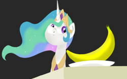 Size: 500x310 | Tagged: safe, artist:kanw, derpibooru import, princess celestia, alicorn, pony, banana, dark background, food, fruit, plate, simple background, solo