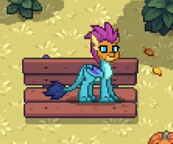 Size: 446x372 | Tagged: safe, artist:ponytownthings, derpibooru import, princess ember, smolder, dragon, bench, body swap, bush, female, grass, head swap, pony town, pumpkin, quadrupedal, shadow, solo