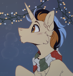 Size: 1500x1564 | Tagged: safe, artist:trickate, derpibooru import, oc, oc only, oc:trase, pony, unicorn, cheek fluff, chest fluff, christmas, christmas lights, clothes, ear fluff, ears, holiday, male, scarf, snow, stallion, striped scarf, winter