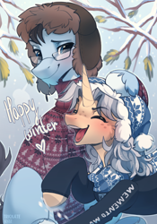 Size: 1512x2162 | Tagged: safe, artist:trickate, derpibooru import, oc, oc:tony loser, oc:trickate, earth pony, pony, unicorn, christmas sweater, clothes, female, glasses, hat, hoodie, mare, scarf, snow, sweater, sweatshirt, winter, winter hat