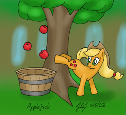 Size: 1161x1059 | Tagged: safe, artist:jobeevrai, derpibooru import, applejack, earth pony, pony, apple, apple tree, applebucking, applejack mid tree-buck facing the right with 3 apples falling down, applejack mid tree-buck with 3 apples falling down, falling, female, food, mare, outdoors, smiling, tree