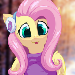 Size: 1200x1200 | Tagged: safe, artist:oblique, derpibooru import, fluttershy, pegasus, pony, :p, blurry background, bust, clothes, cute, earmuffs, female, full face view, mare, partially open wings, shyabetes, solo, sweater, sweatershy, tongue, tongue out, wings