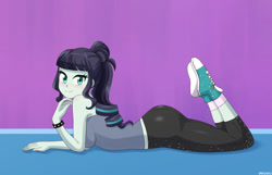 Size: 800x514 | Tagged: safe, artist:riouku, derpibooru import, coloratura, equestria girls, alternate hairstyle, ass, bare shoulders, blushing, butt, clothes, commission, converse, cute, female, lying down, pants, prone, rara, rarabetes, shirt, shoes, sleeveless, socks, solo, spiked wristband, sweatpants, wristband