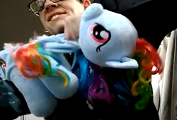 Size: 767x522 | Tagged: safe, screencap, rainbow dash, human, pegasus, pony, destroyed, irl, irl human, photo, plushie, pony plushie, rainbow dash plushie, solo, toy abuse